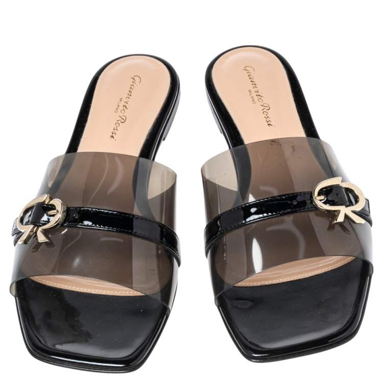 Pre Owned Gianvito Rossi Black PVC and Patent Leather Gemini Slide Flats Size 41