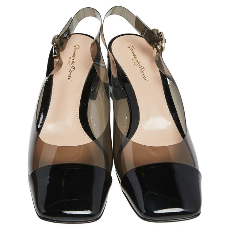 Pre Owned Gianvito Rossi Black PVC and Patent Leather Square Toe Slingback Sandals Size 41