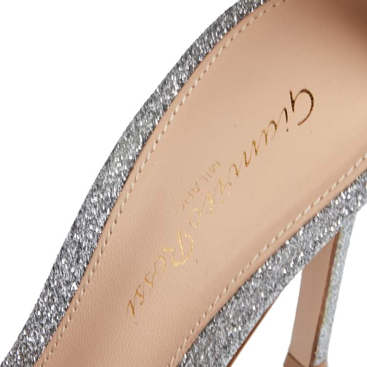 Pre Owned Gianvito Rossi Silver Leather And Glitter Ankle Strap Sandals Size 37.5