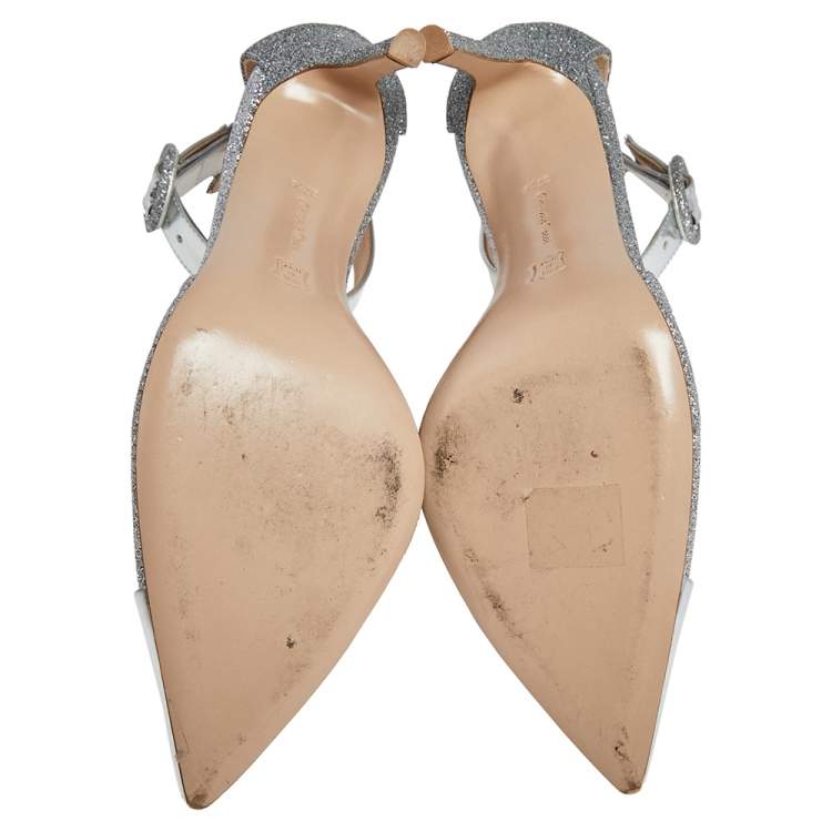 Pre Owned Gianvito Rossi Silver Leather And Glitter Ankle Strap Sandals Size 37.5