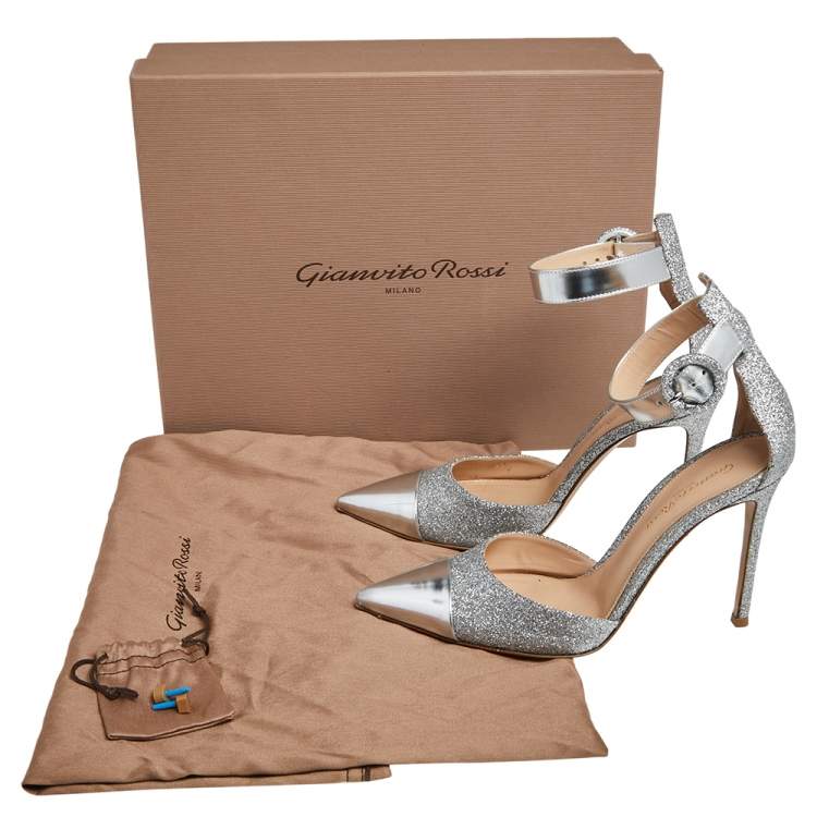 Pre Owned Gianvito Rossi Silver Leather And Glitter Ankle Strap Sandals Size 37.5