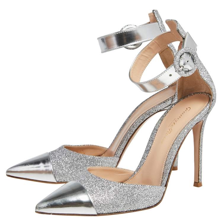 Pre Owned Gianvito Rossi Silver Leather And Glitter Ankle Strap Sandals Size 37.5