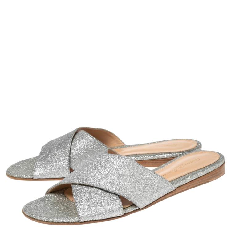 Pre Owned Gianvito Rossi Silver Glitter Fabric Crisscross Flats Size 37