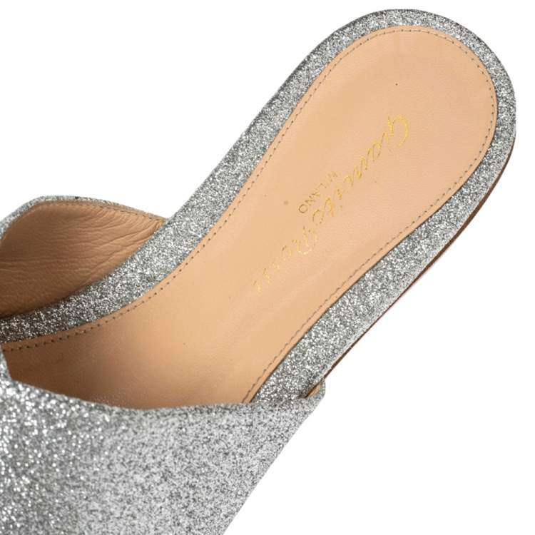 Pre Owned Gianvito Rossi Silver Glitter Fabric Crisscross Flats Size 37