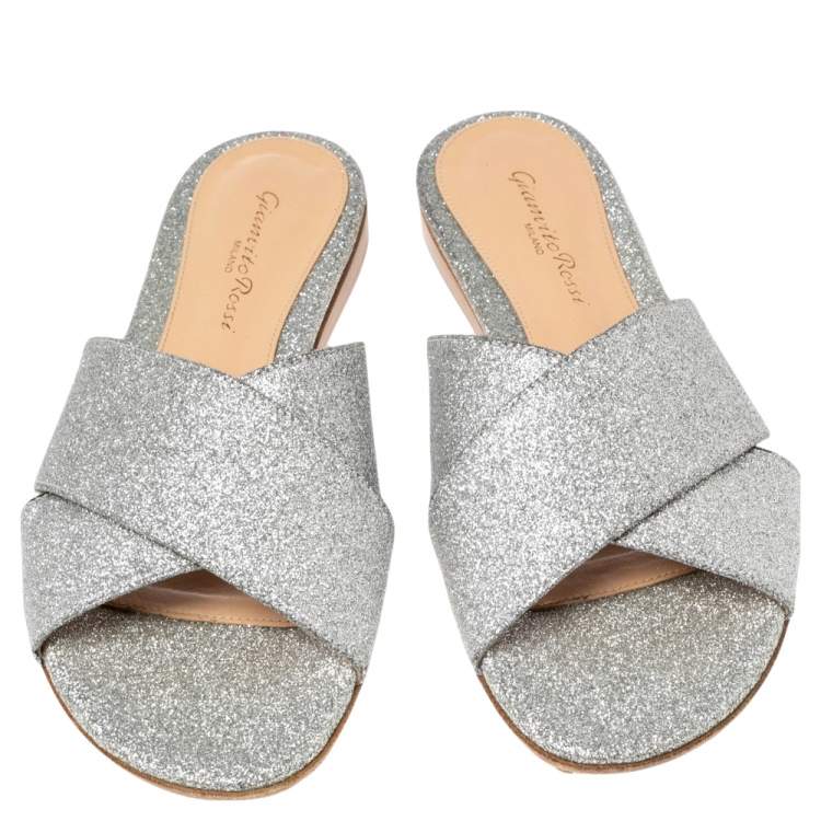 Pre Owned Gianvito Rossi Silver Glitter Fabric Crisscross Flats Size 37