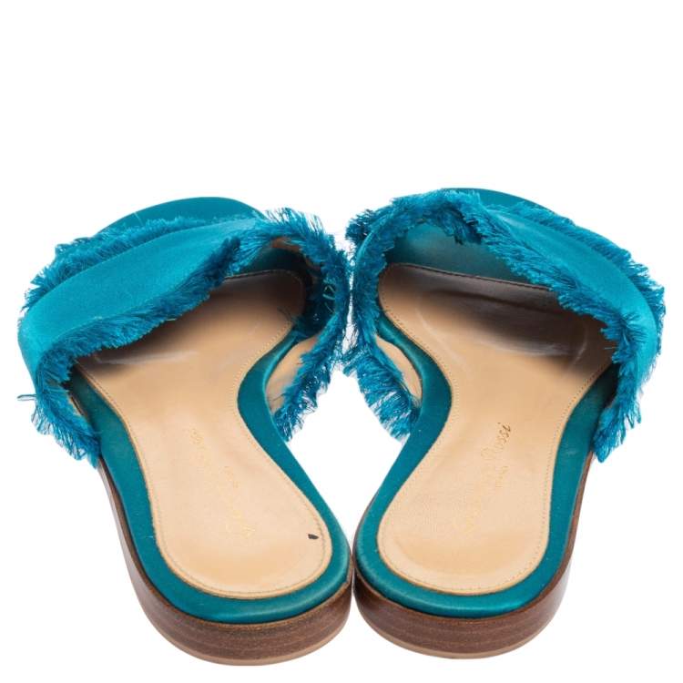 Pre Owned Gianvito Rossi Blue Satin Barth Flat Sandals Size 36.5