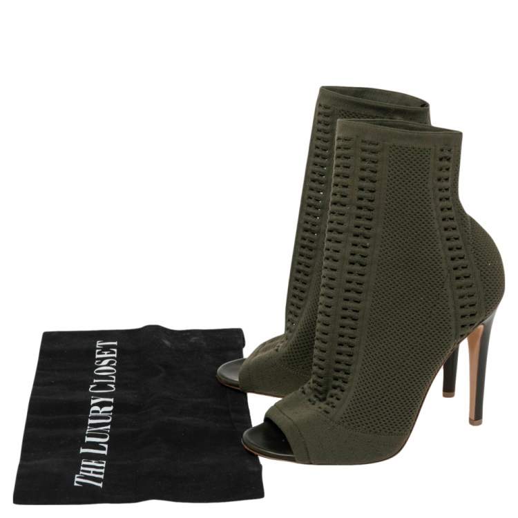 Pre Owned Gianvito Rossi Green Knit Fabric  Peep Toe Ankle Boot Size 36
