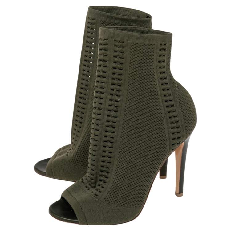 Pre Owned Gianvito Rossi Green Knit Fabric  Peep Toe Ankle Boot Size 36