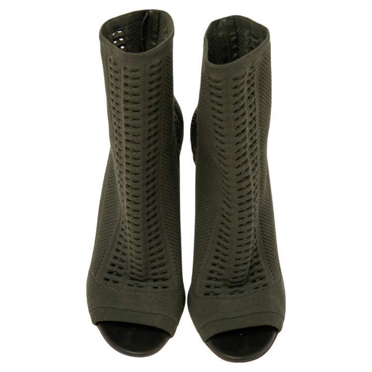 Pre Owned Gianvito Rossi Green Knit Fabric  Peep Toe Ankle Boot Size 36