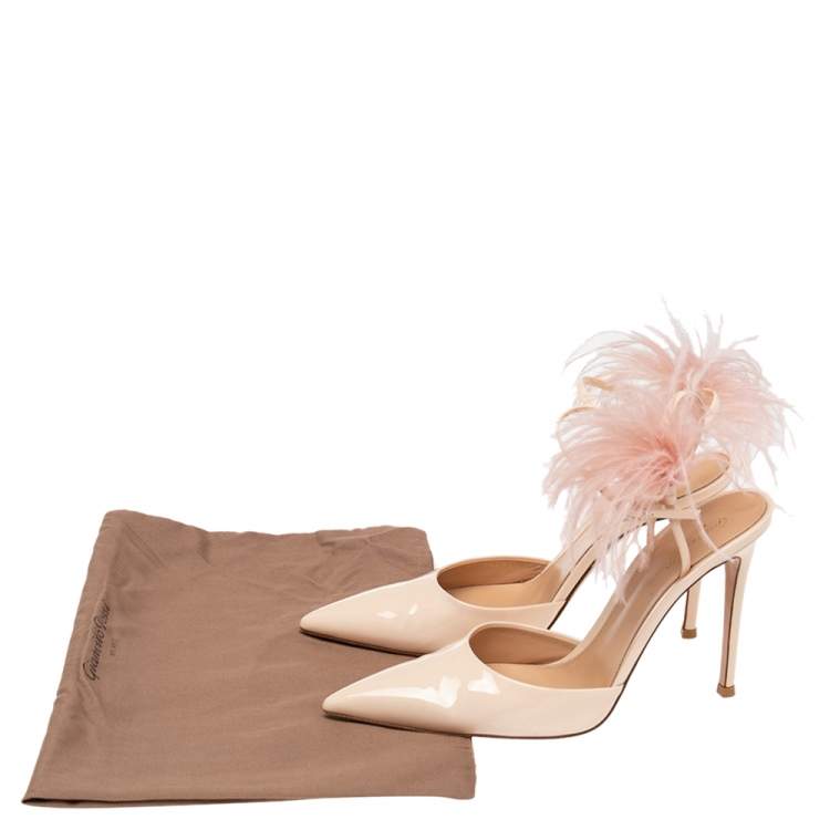 Pre Owned Gianvito Rossi Beige Patent Leather Simmone Feather Ankle Strap Sandals Size 39.5