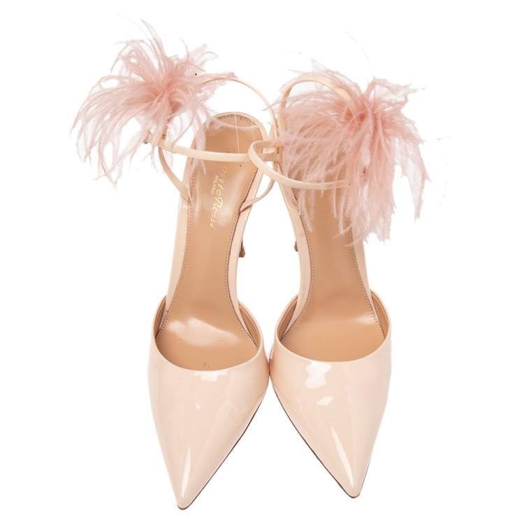 Pre Owned Gianvito Rossi Beige Patent Leather Simmone Feather Ankle Strap Sandals Size 39.5