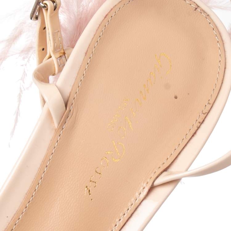 Pre Owned Gianvito Rossi Beige Patent Leather Simmone Feather Ankle Strap Sandals Size 39.5