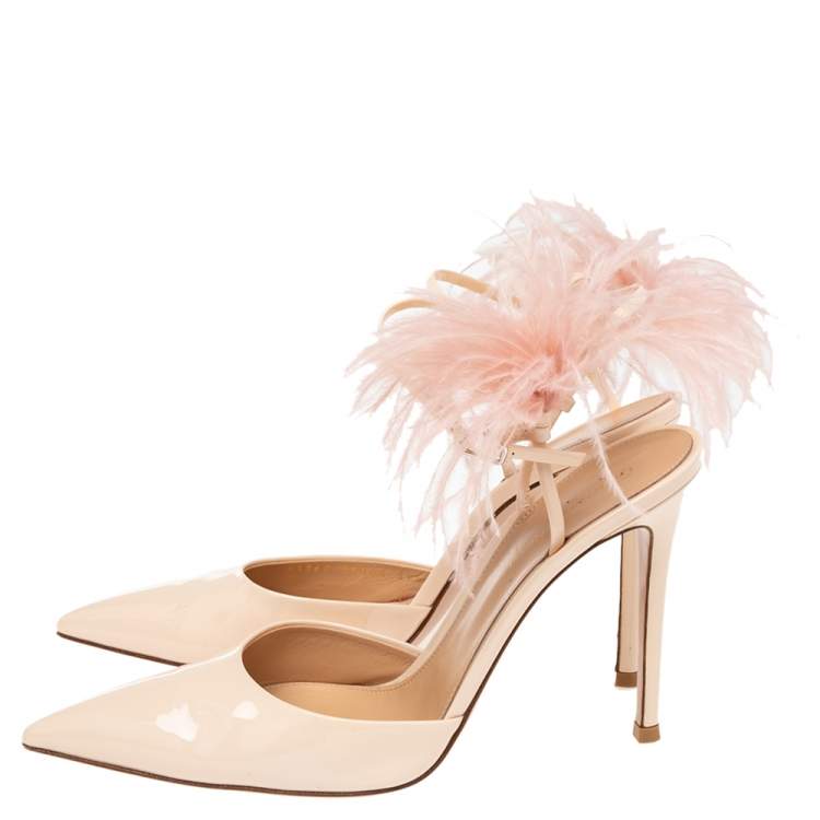 Pre Owned Gianvito Rossi Beige Patent Leather Simmone Feather Ankle Strap Sandals Size 39.5
