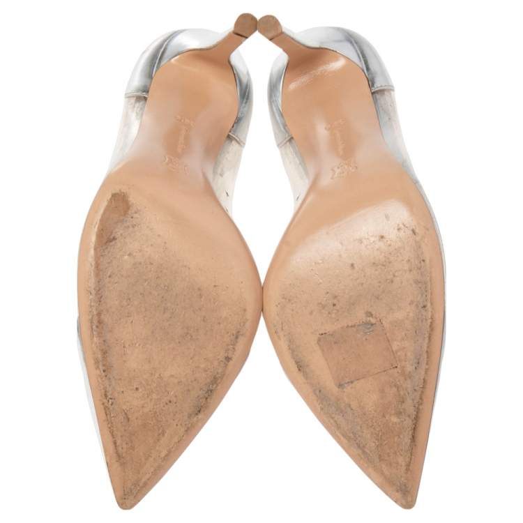 Pre Owned Gianvito Rossi Silver Leather And PVC Plexi Pointed Toe Pumps Size 36.5