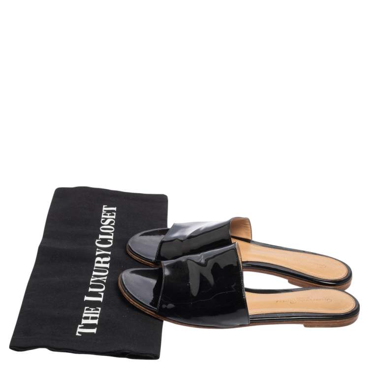 Pre Owned Gianvito Rossi Black Patent Leather Flat Slides Size 36.5
