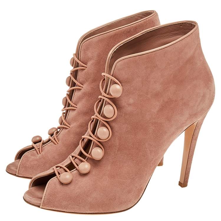 Pre Owned Gianvito Rossi Beige Suede Button Strap Peep-Toe Boots Size 41