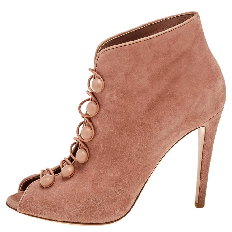 Pre Owned Gianvito Rossi Beige Suede Button Strap Peep-Toe Boots Size 41