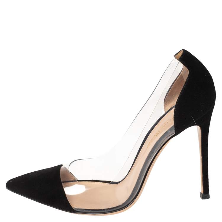 Pre Owned Gianvito Rossi Black Suede And PVC Plexi Pointed Toe Pumps Size 37
