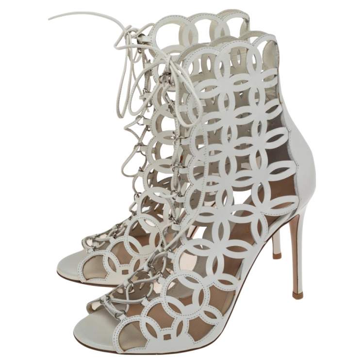 Pre Owned Gianvito Rossi White Cutout Leather Lace Up Peep Toe Sandals Size 39