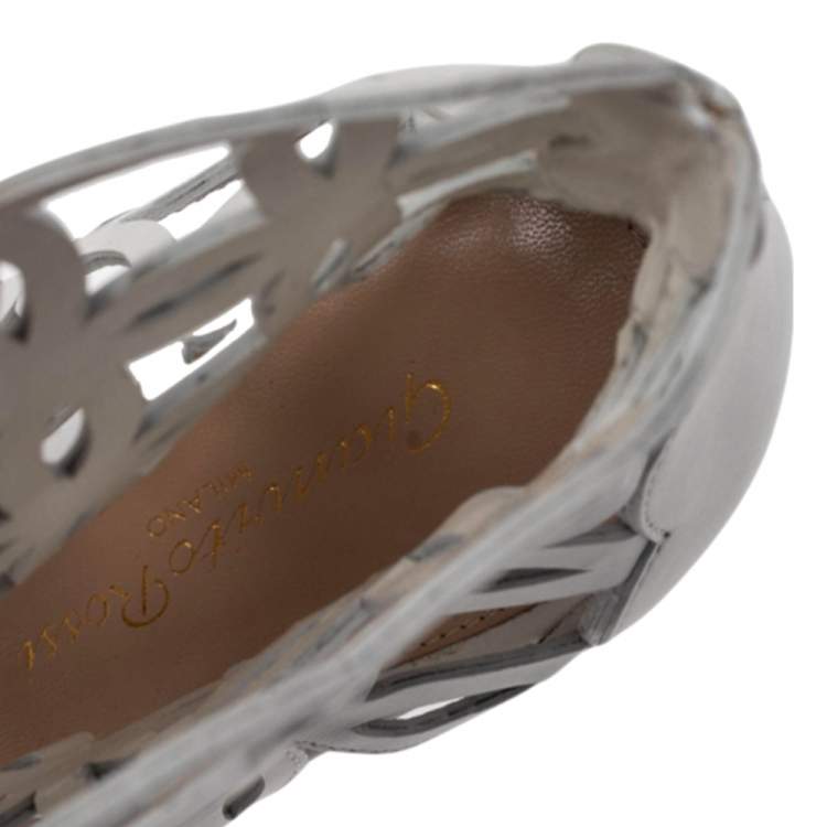 Pre Owned Gianvito Rossi White Cutout Leather Lace Up Peep Toe Sandals Size 39