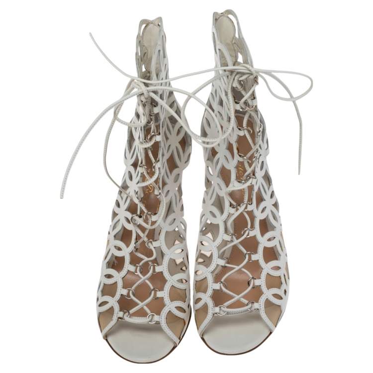 Pre Owned Gianvito Rossi White Cutout Leather Lace Up Peep Toe Sandals Size 39