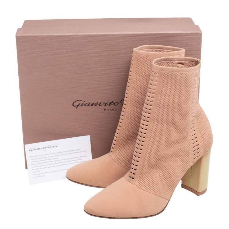 Pre Owned Gianvito Rossi Beige Knit Fabric Bouclé Katie Ankle Boots Size 39