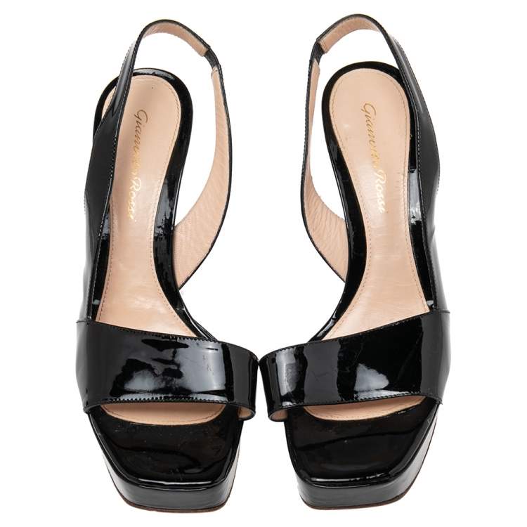 Pre Owned Gianvito Rossi Black Patent Leather Platform Slingback Wooden Heel Sandals Size 38