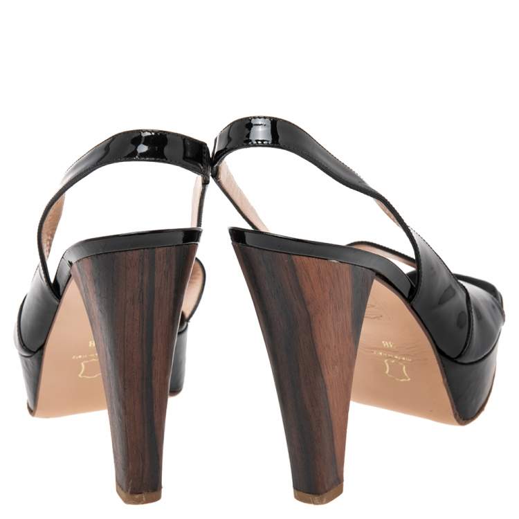Pre Owned Gianvito Rossi Black Patent Leather Platform Slingback Wooden Heel Sandals Size 38
