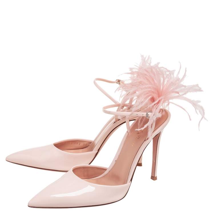 Pre Owned Gianvito Rossi Pastel Pink Patent Leather And Ostrich Feather Simone Pointed Toe Ankle Strap Sandals Size 38.5