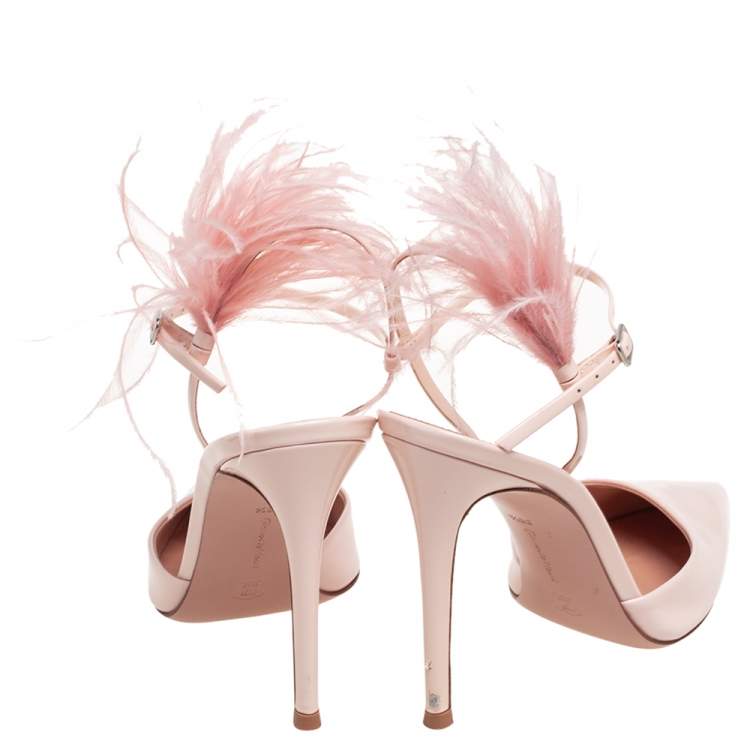 Pre Owned Gianvito Rossi Pastel Pink Patent Leather And Ostrich Feather Simone Pointed Toe Ankle Strap Sandals Size 38.5
