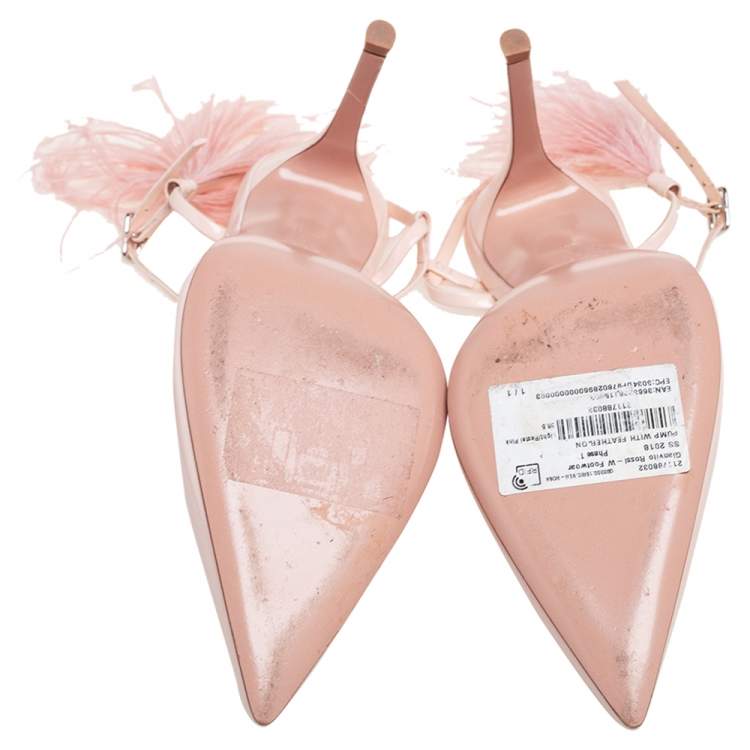 Pre Owned Gianvito Rossi Pastel Pink Patent Leather And Ostrich Feather Simone Pointed Toe Ankle Strap Sandals Size 38.5