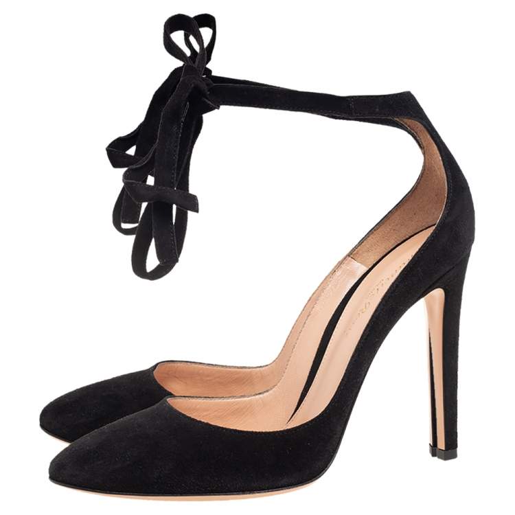 Pre Owned Gianvito Rossi Black Suede Round Toe Ankle Wrap Pumps Size 39