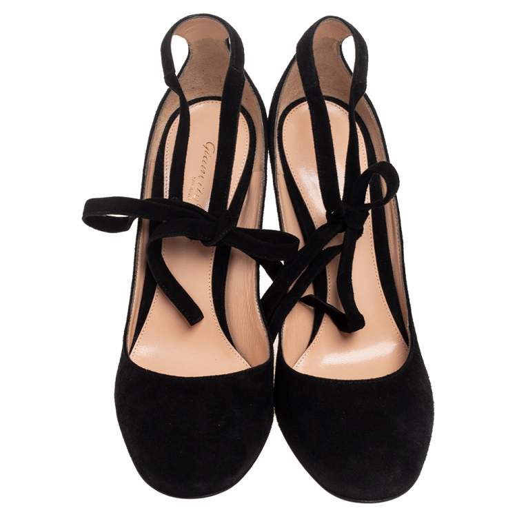 Pre Owned Gianvito Rossi Black Suede Round Toe Ankle Wrap Pumps Size 39