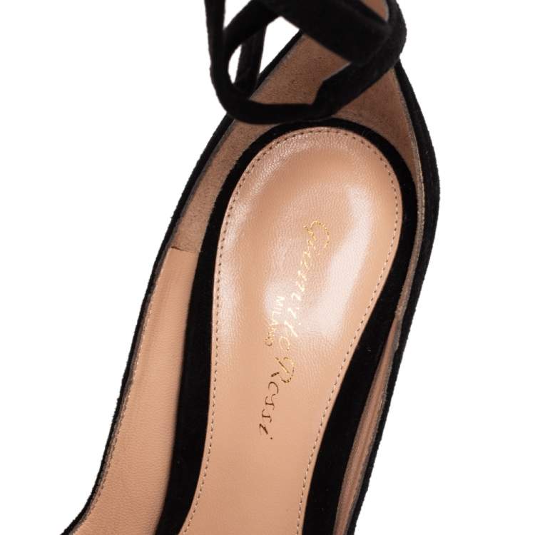 Pre Owned Gianvito Rossi Black Suede Round Toe Ankle Wrap Pumps Size 39