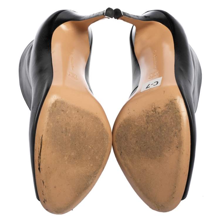 Pre Owned Gianvito Rossi Black Leather V-Neck Peep Toe Ankle Booties Size 40