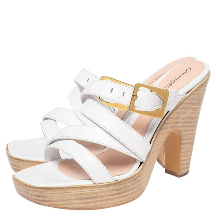 Pre Owned Gianvito Rossi White Leather Strappy Wooden Platform Sandals Size 38.5