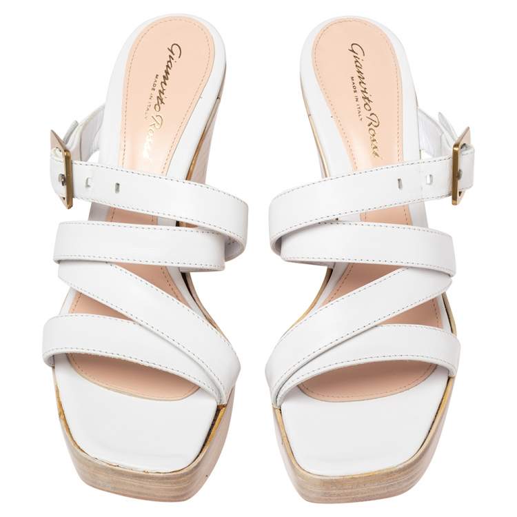 Pre Owned Gianvito Rossi White Leather Strappy Wooden Platform Sandals Size 38.5