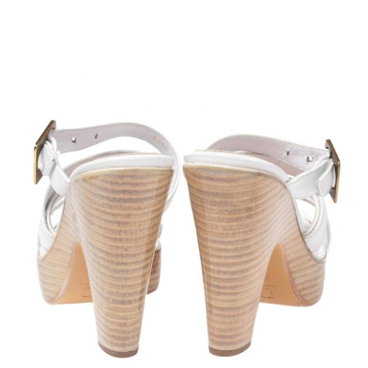 Pre Owned Gianvito Rossi White Leather Strappy Wooden Platform Sandals Size 38.5