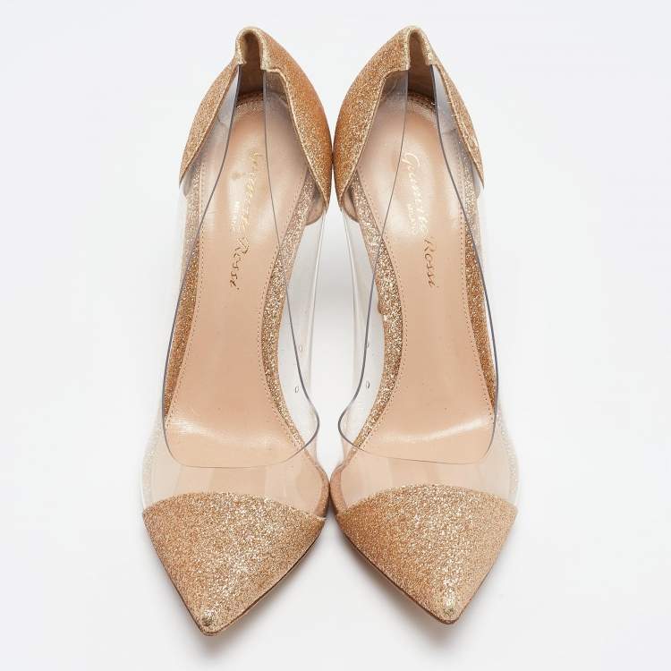 Pre Owned Gianvito Rossi Gold Glitters And PVC Plexi Pointed Toe Pumps Size 37.5