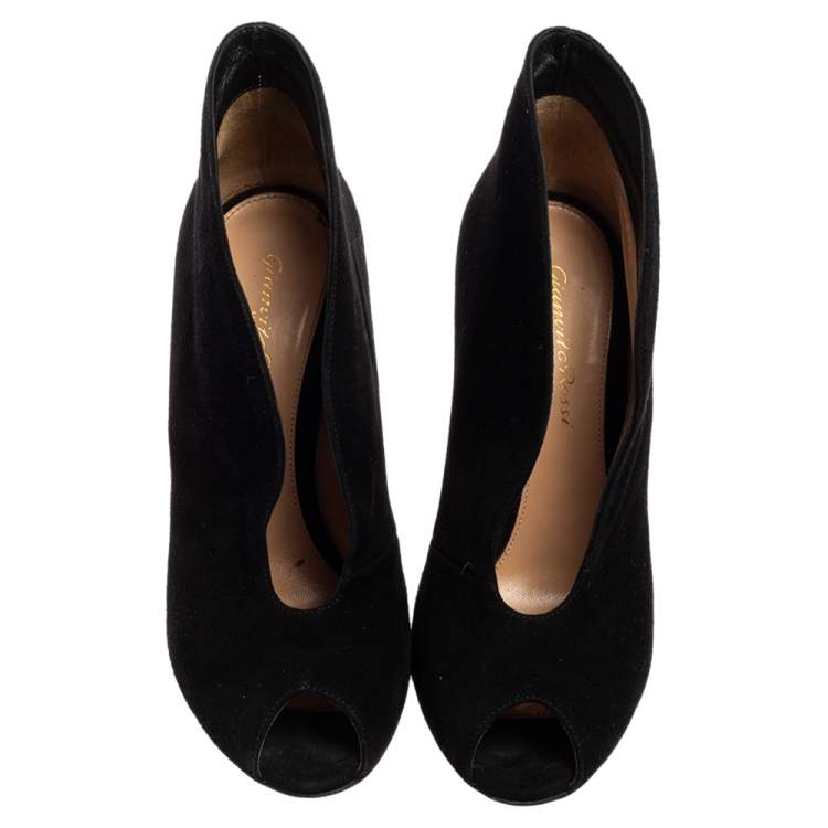 Pre Owned Gianvito Rossi Black Suede Vamp Peep Toe Booties Size 37
