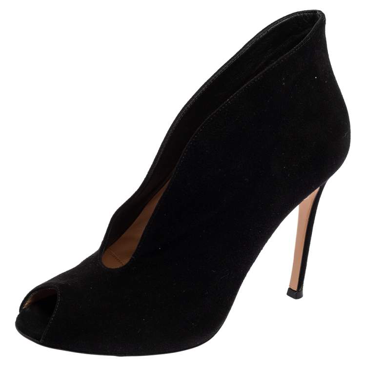 Gianvito Rossi Black Suede Vamp Peep Toe Booties Size 37 Gianvito