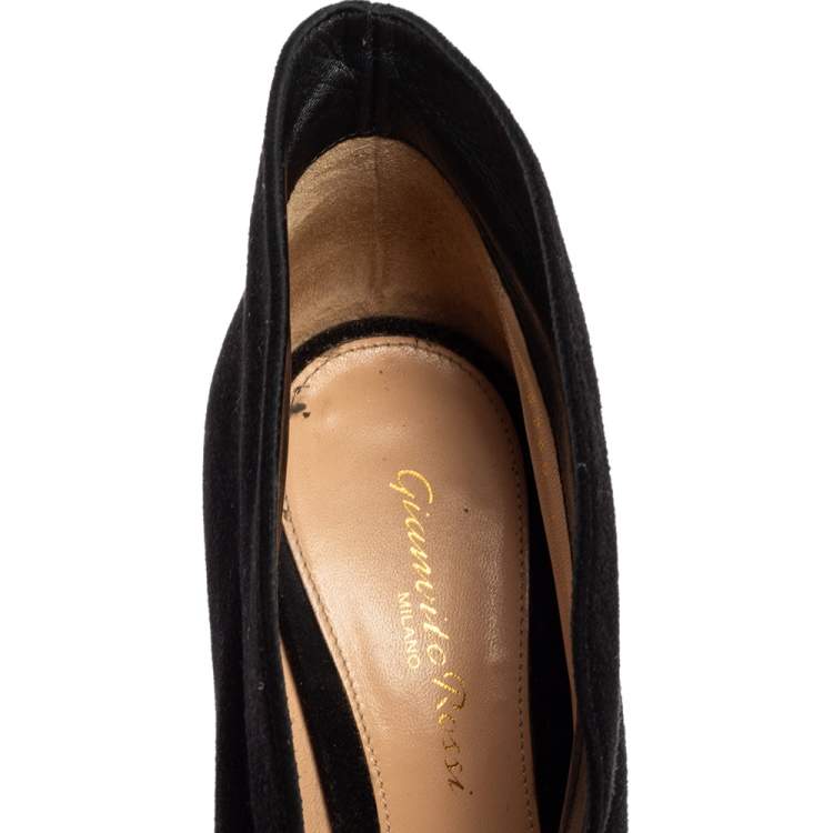 Pre Owned Gianvito Rossi Black Suede Vamp Peep Toe Booties Size 37