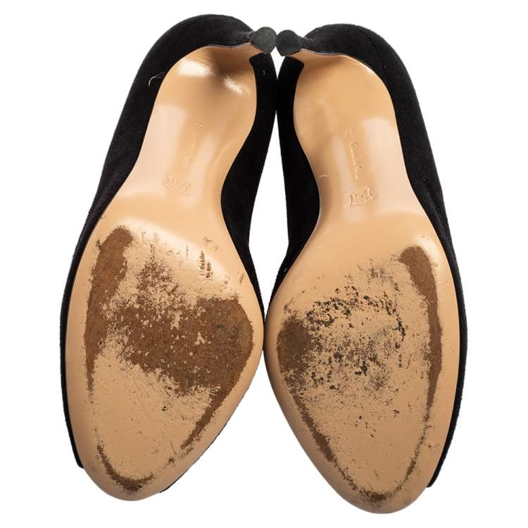 Pre Owned Gianvito Rossi Black Suede Vamp Peep Toe Booties Size 37