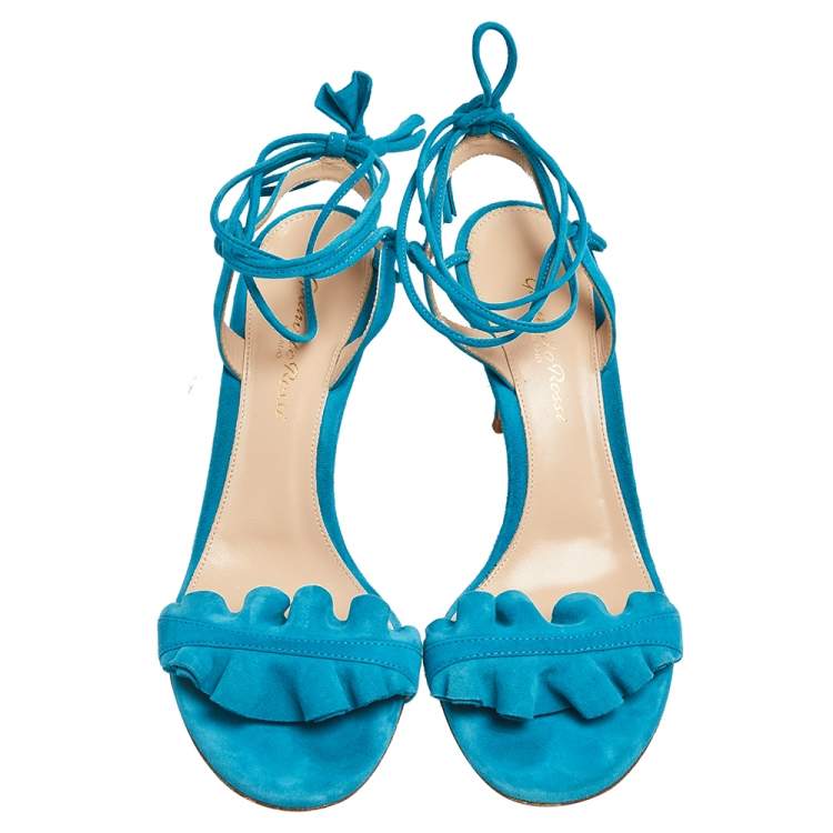 Pre Owned Gianvito Rossi Blue Suede Ankle Wrap Sandals Size 37.5