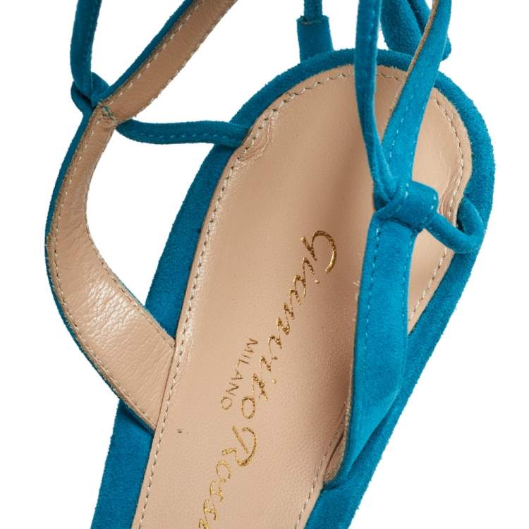 Pre Owned Gianvito Rossi Blue Suede Ankle Wrap Sandals Size 37.5