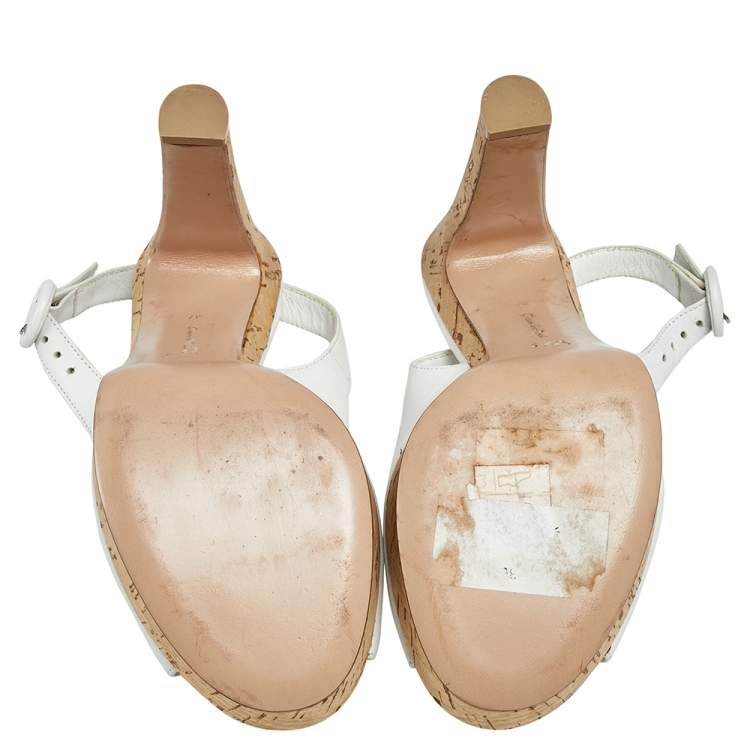 Pre Owned Gianvito Rossi White Leather Cork Platform Slingback Sandals Sie 37