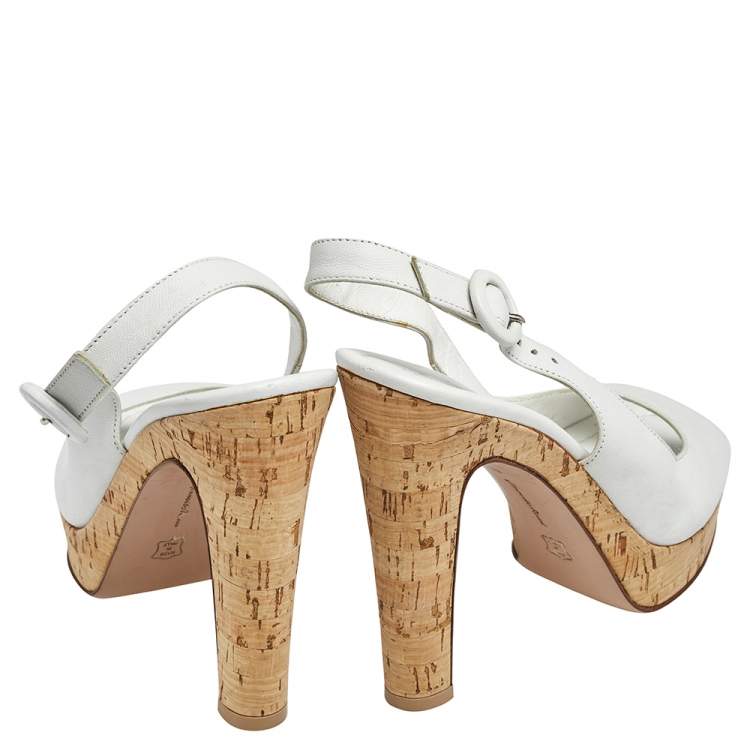 Pre Owned Gianvito Rossi White Leather Cork Platform Slingback Sandals Sie 37