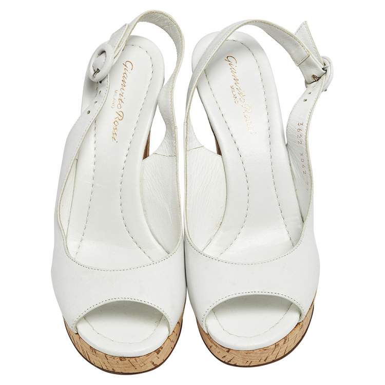 Pre Owned Gianvito Rossi White Leather Cork Platform Slingback Sandals Sie 37