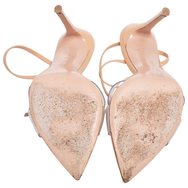 Pre Owned Gianvito Rossi Beige Leather And PVC Plexi Stark Ankle Strap Sandals Size 39.5