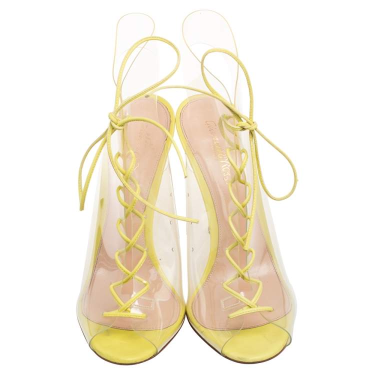 Pre Owned Gianvito Rossi Yellow Leather And PVC Lace Up Open Toe Sandals Size 40